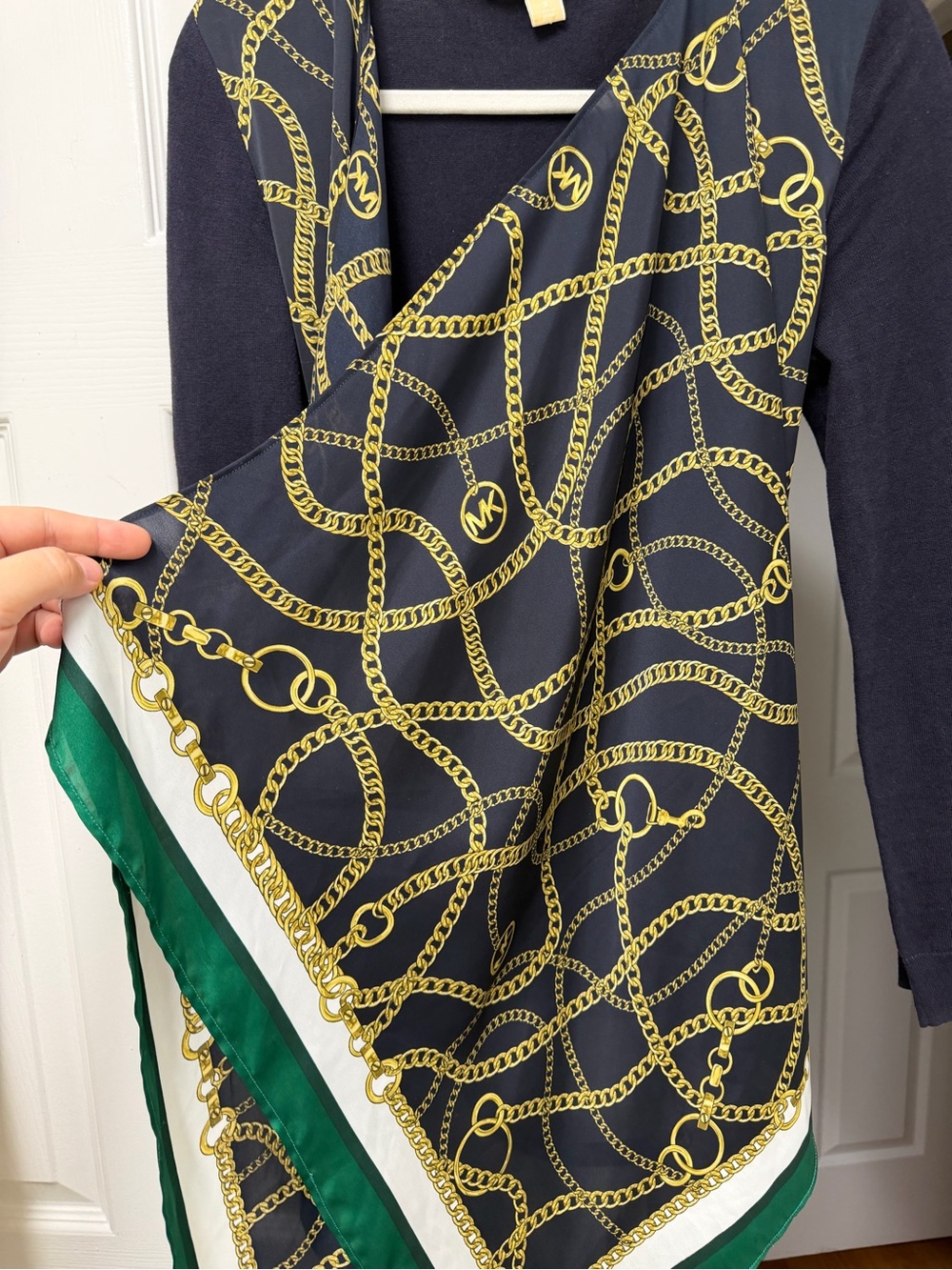 Michael Kors Navy Gold Chain Equestrian Print Satin Drape Cardigan Size S - Picture 5 of 10